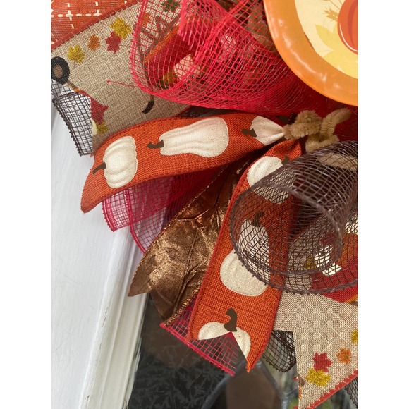 Happy Harvest Red Wheelbarrow Pumpkin Deco Mesh Ribbon Fall Storm Door Wreath - Picture 4 of 7